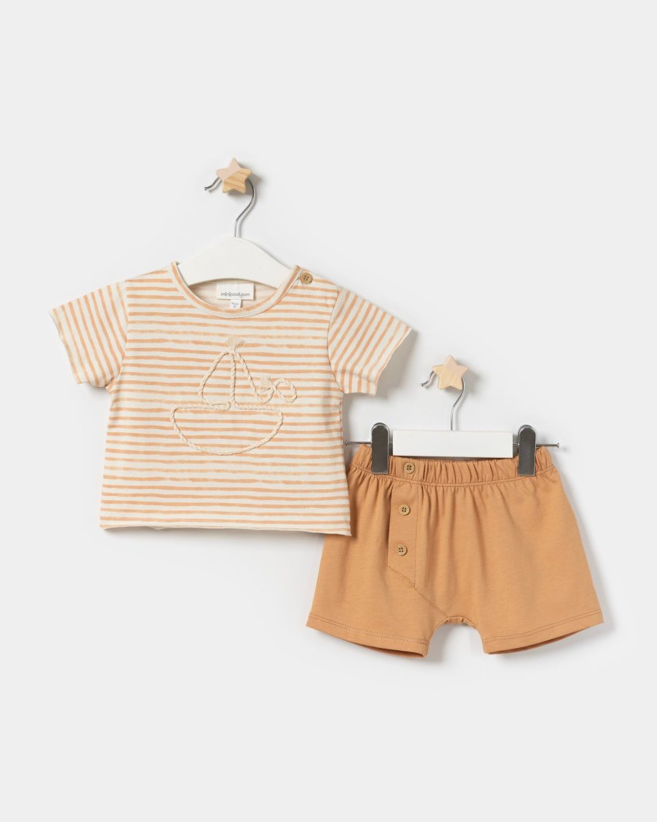 minipodyum - Baby Boys' Ship-Embroidered T-Shirt & Shorts Set