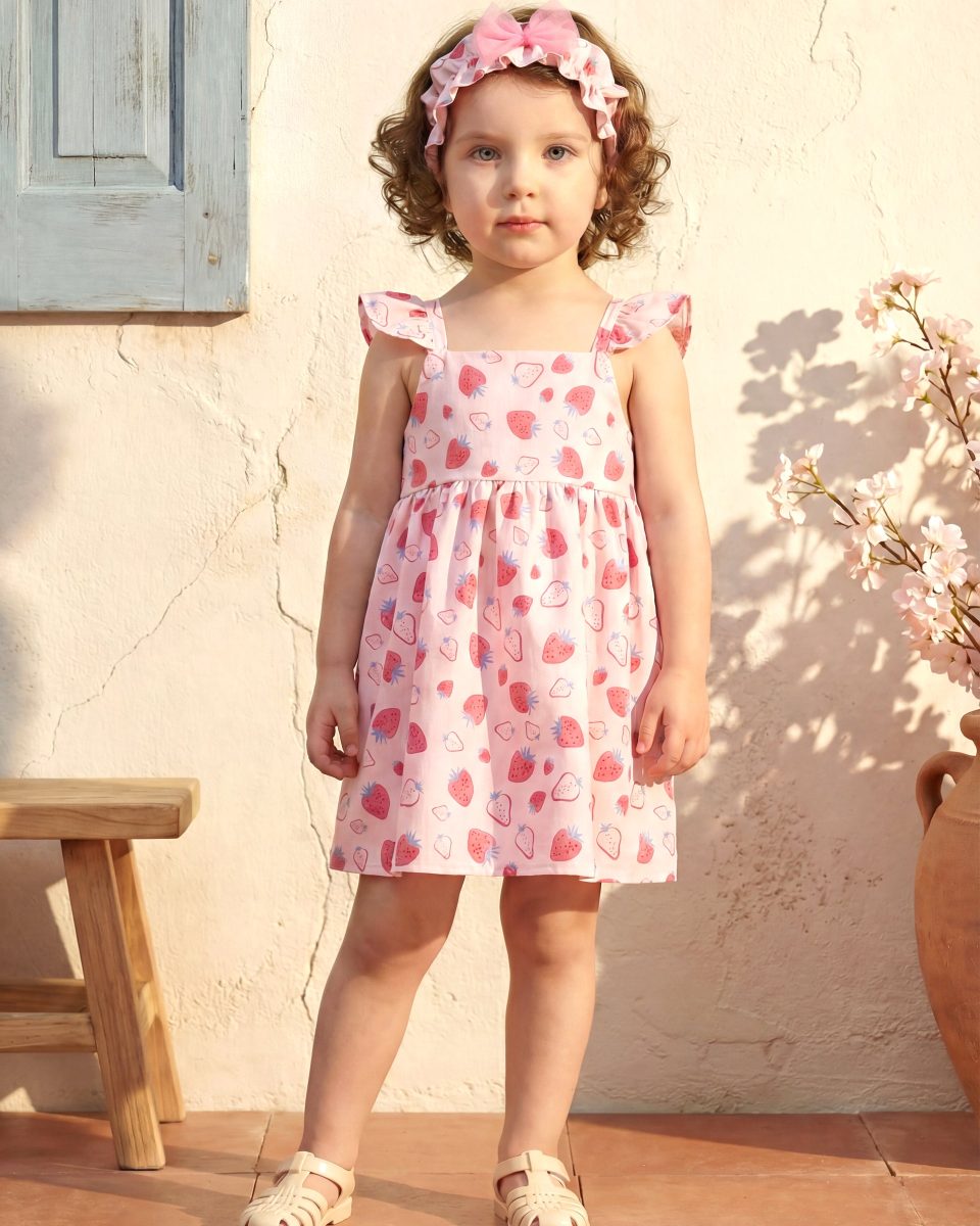 Baby Girls' Printed Dress with Bandana STRAWBERRY PATTERN
