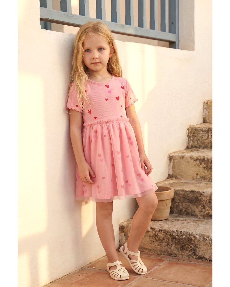 Girls' Heart-Print Tulle Dress