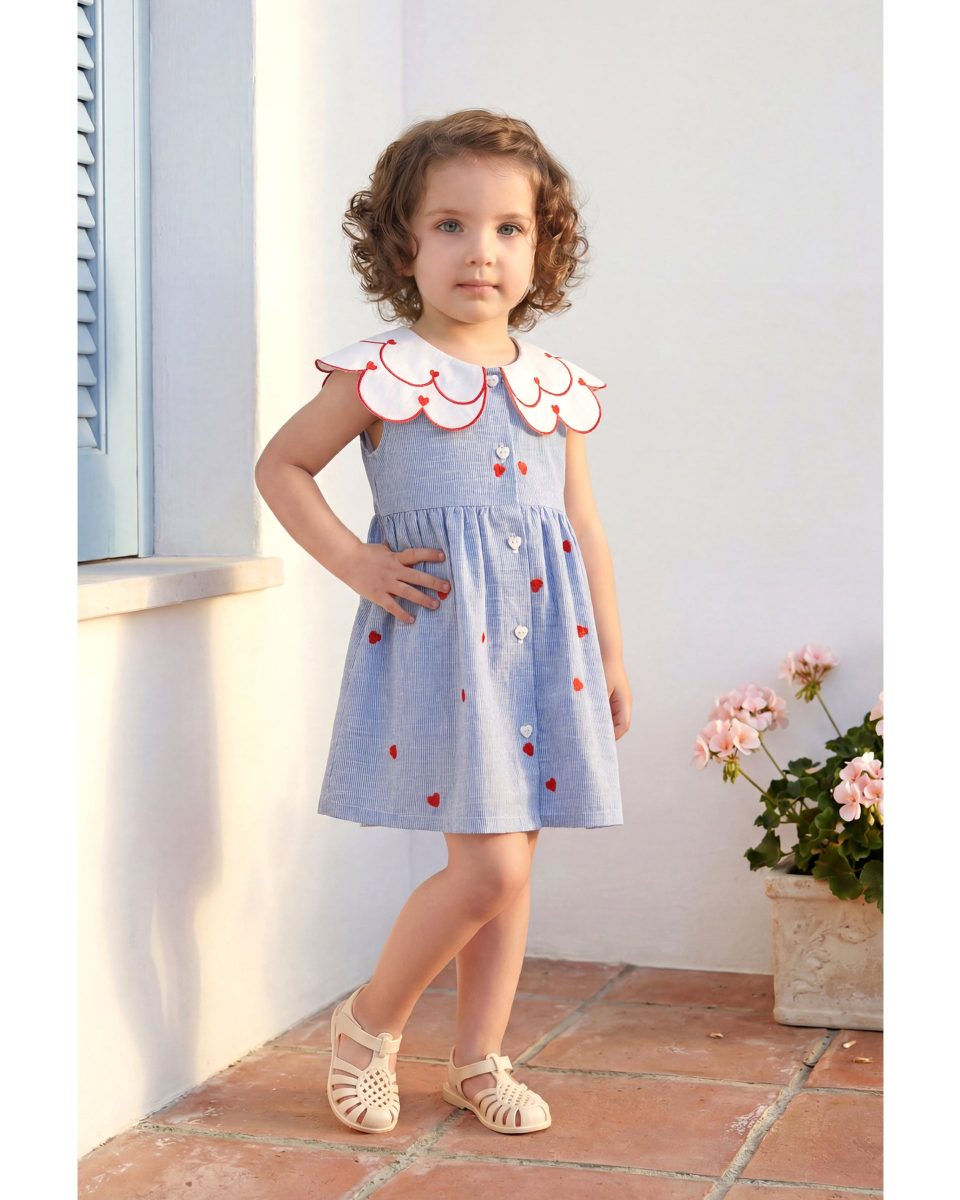 Girls' Striped Dress with Heart Embroidery