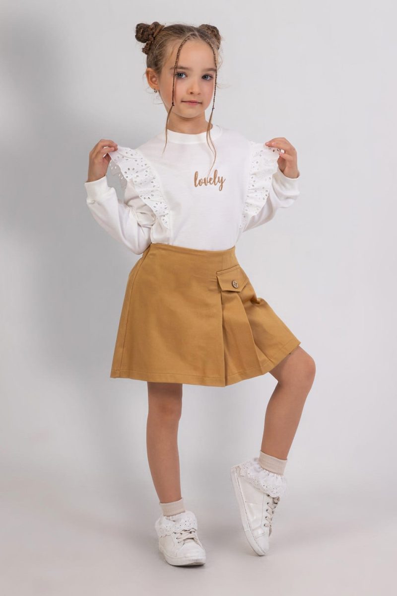 DMB-Girls' White "Lovely" Ruffle & Tan Skort Set