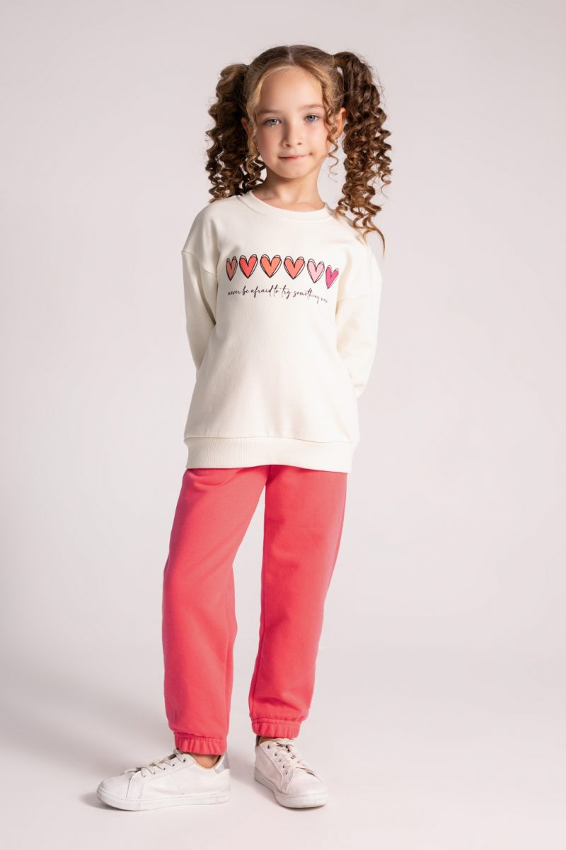 DMB- Girls' Cream & Coral Heart Print Tracksuit Set