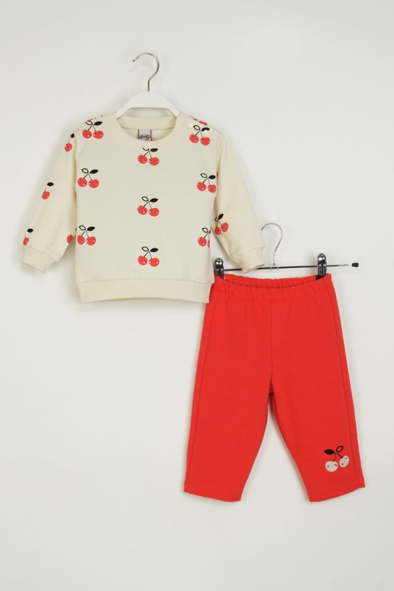 DMB- Baby Girls' Cream & Red Cherry Print Tracksuit Set
