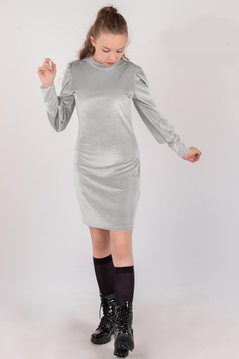 DMB - Silver Velvet Puff-Sleeve Mini Dress