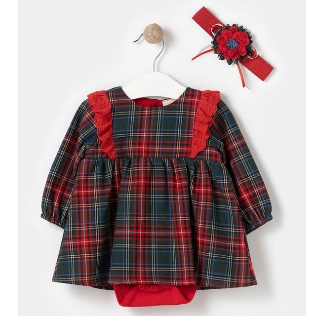 holiday plaid baby dress with flower headband