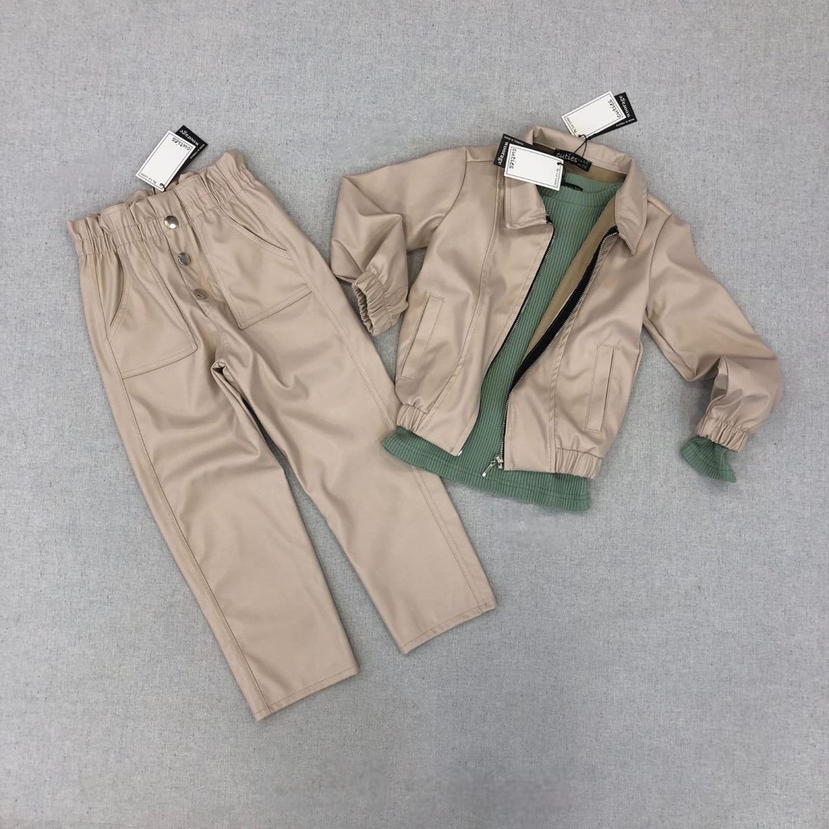 Cuties - Beige Faux Leather Jacket & Pant set