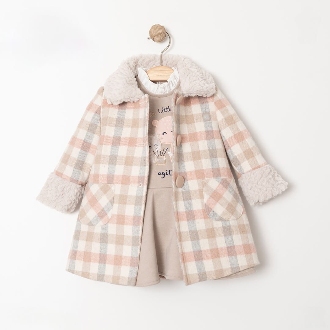 bebus - Sherpa collar plaid coat set