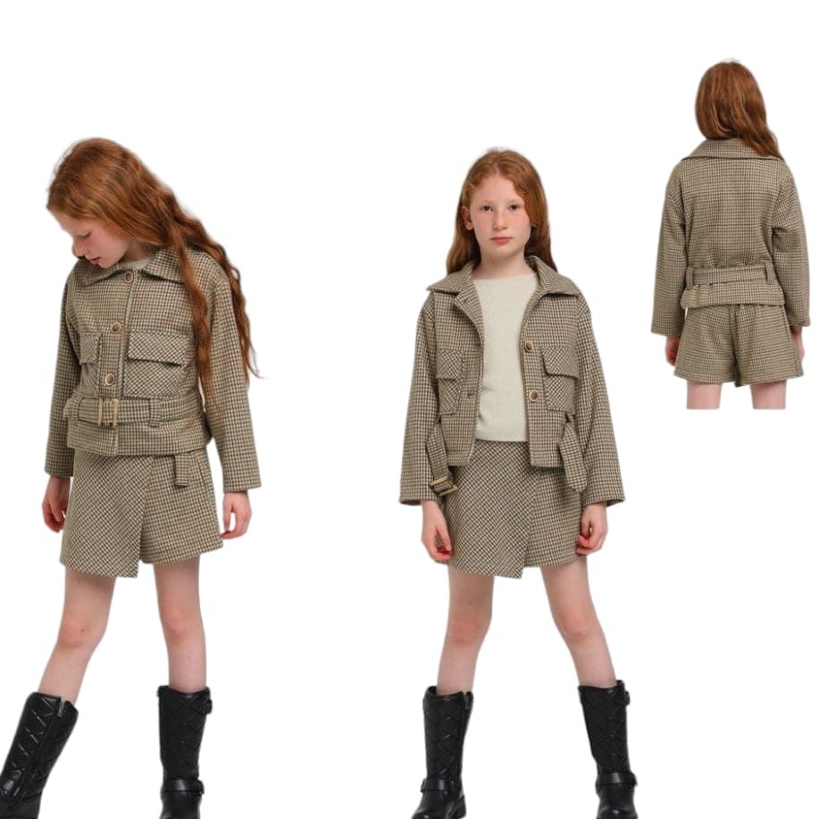 escabel - brown check jacket & skort set