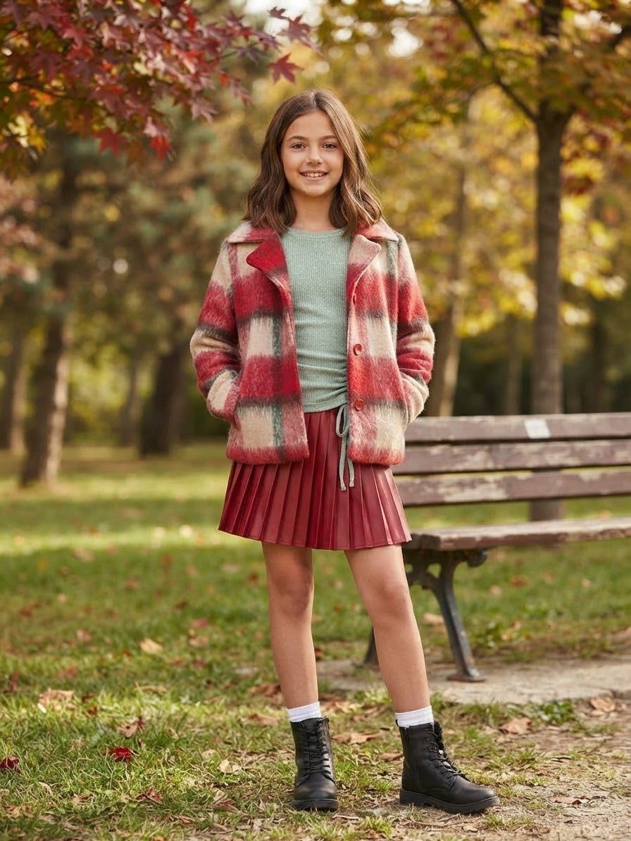 escabel - Red Plaid Coat & pleated skort set