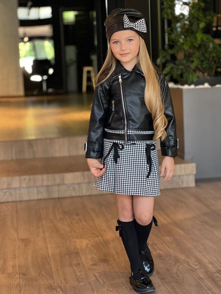 black leather Jacket & houndstooth skirt set