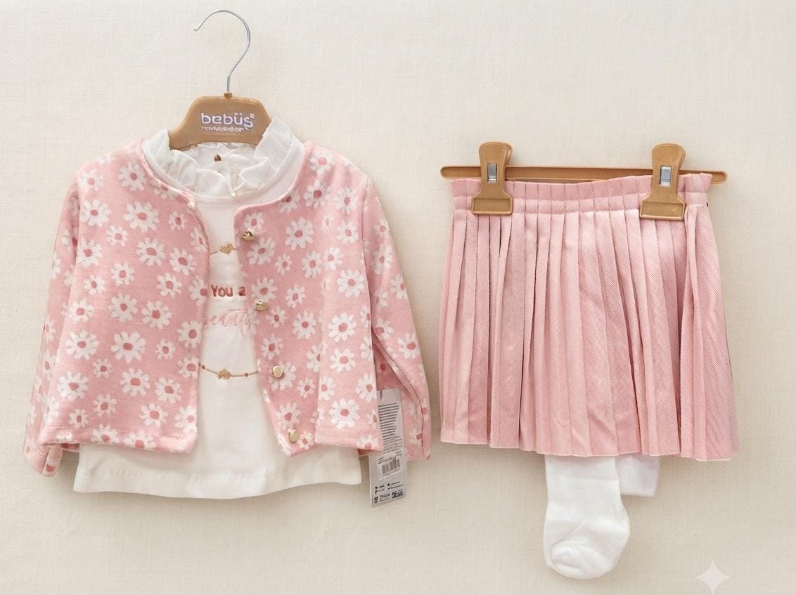 bebus - pink daisy cardigan and pleated skirt set