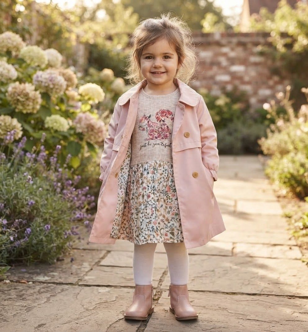 bebus - pink trench coat & floral squirrel dress set