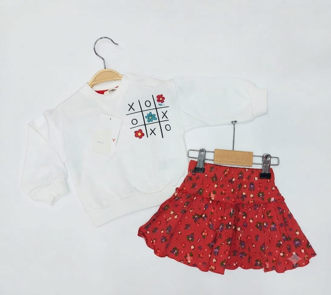 cikoby - tic-tac-toe sweatshirt and red skirt set